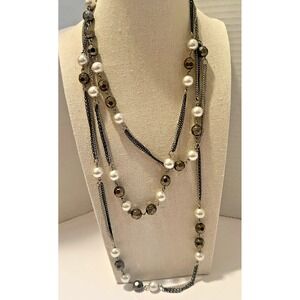 Express‎ Long Necklace Faux Pearls & Faceted Black Beads Gunmetal Chain Layered
